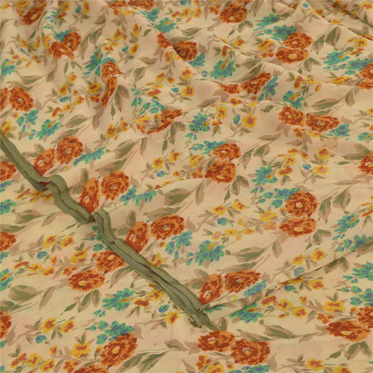 Sanskriti Vintage Sarees Cream Pure Georgette Silk Print Sari 5+yd Craft Sustainable Fabric