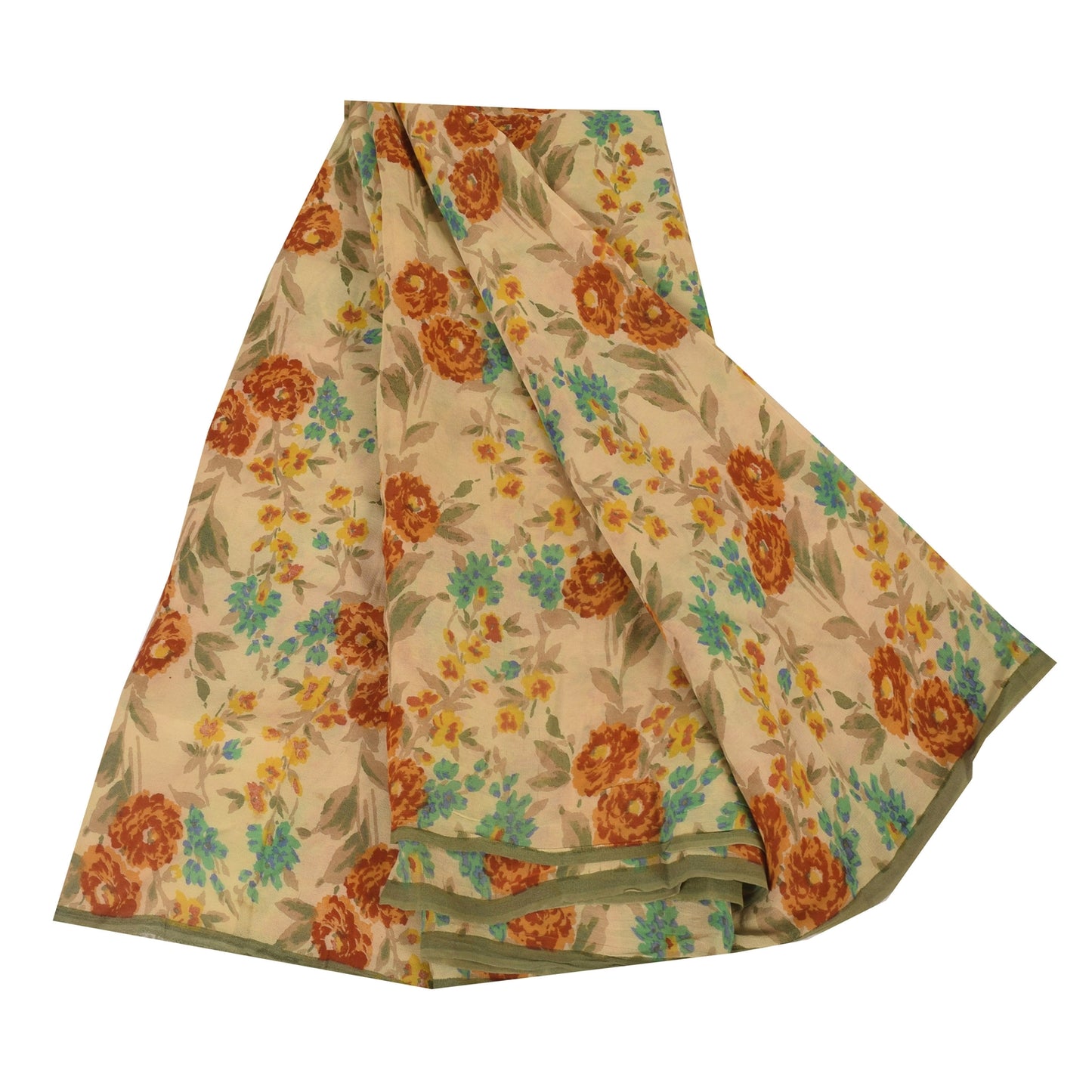 Sanskriti Vintage Sarees Cream Pure Georgette Silk Print Sari 5+yd Craft Sustainable Fabric