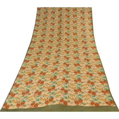 Sanskriti Vintage Sarees Cream Pure Georgette Silk Print Sari 5+yd Craft Sustainable Fabric