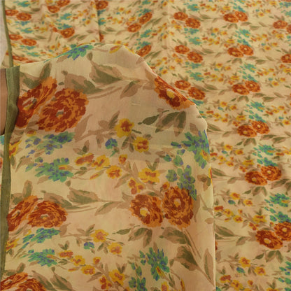 Sanskriti Vintage Sarees Cream Pure Georgette Silk Print Sari 5+yd Craft Sustainable Fabric