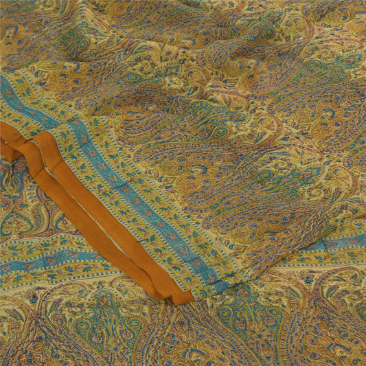 Sanskriti Vintage Sarees Cream Pure Georgette Block Print Sari 6yd Craft Sustainable Fabric