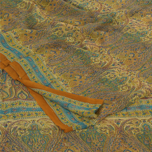 Sanskriti Vintage Sarees Cream Pure Georgette Block Print Sari 6yd Craft Sustainable Fabric