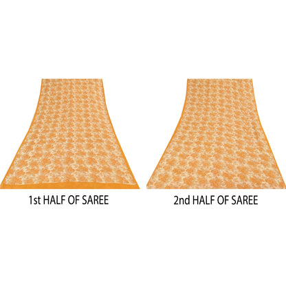 Sanskriti Vintage Sarees Orange/Cream Pure Georgette Silk Print Sari 5+yd Sustainable Fabric