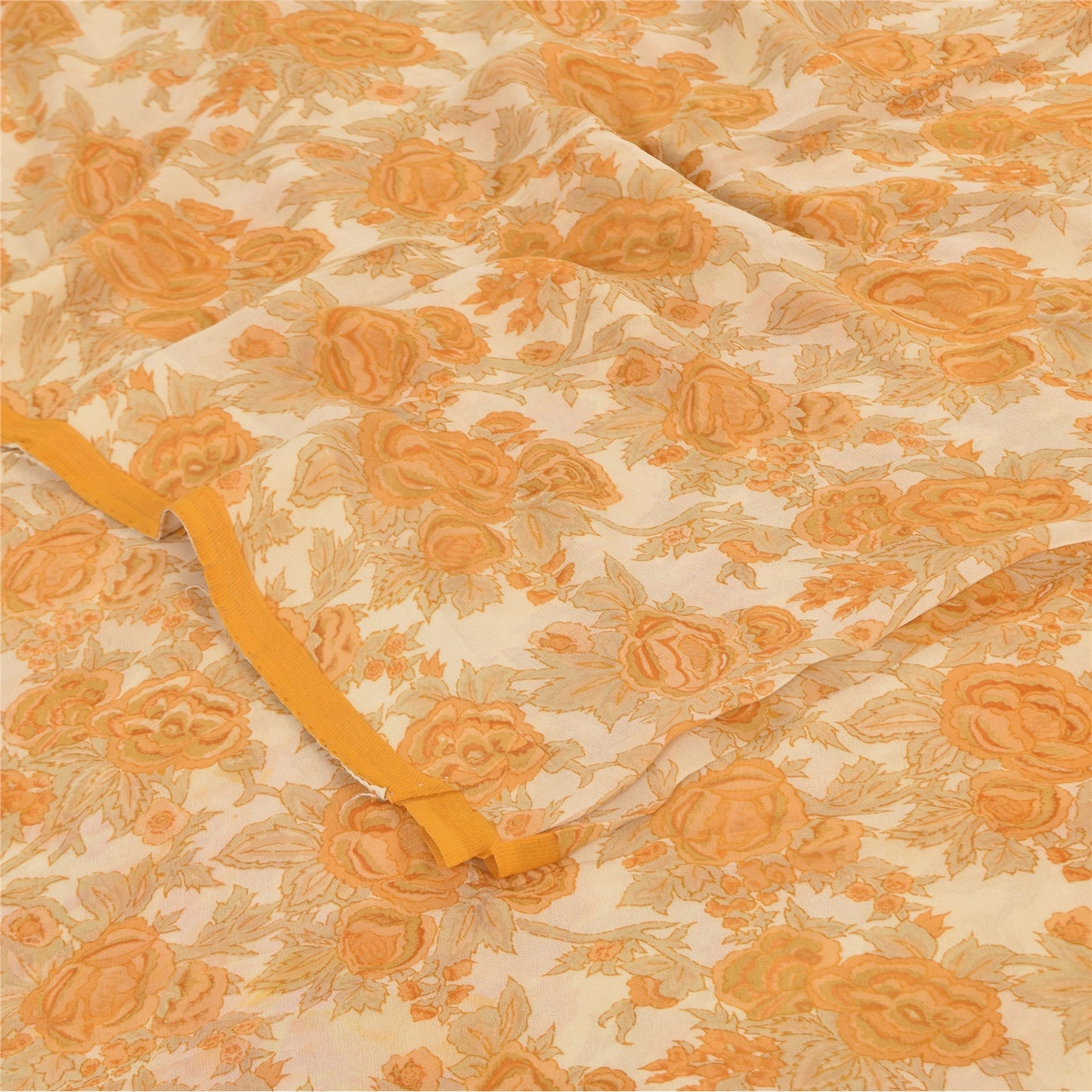 Sanskriti Vintage Sarees Orange/Cream Pure Georgette Silk Print Sari 5+yd Sustainable Fabric