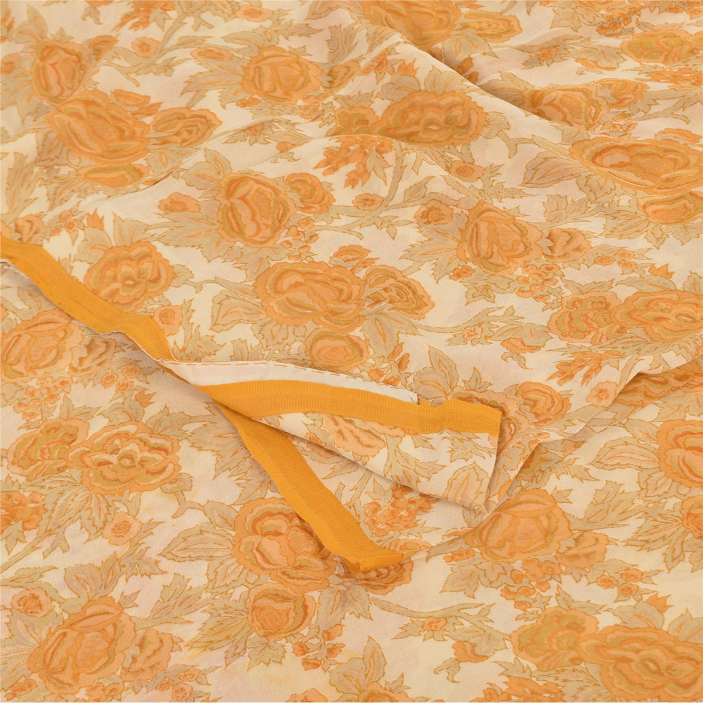 Sanskriti Vintage Sarees Orange/Cream Pure Georgette Silk Print Sari 5+yd Sustainable Fabric