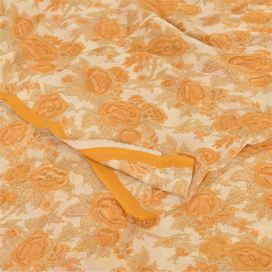 Sanskriti Vintage Sarees Orange/Cream Pure Georgette Silk Print Sari 5+yd Sustainable Fabric