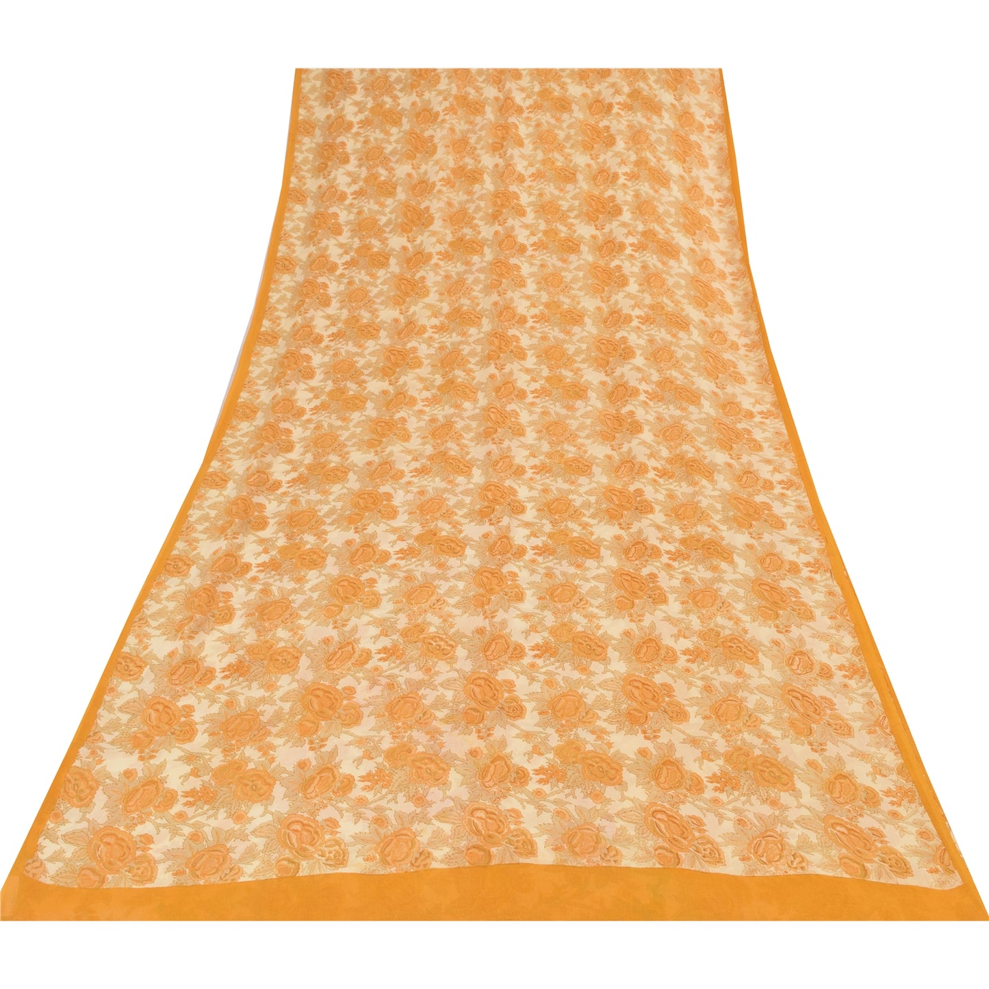 Sanskriti Vintage Sarees Orange/Cream Pure Georgette Silk Print Sari 5+yd Sustainable Fabric