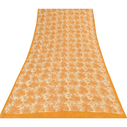 Sanskriti Vintage Sarees Orange/Cream Pure Georgette Silk Print Sari 5+yd Sustainable Fabric