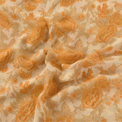 Sanskriti Vintage Sarees Orange/Cream Pure Georgette Silk Print Sari 5+yd Sustainable Fabric