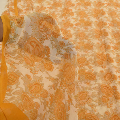 Sanskriti Vintage Sarees Orange/Cream Pure Georgette Silk Print Sari 5+yd Sustainable Fabric