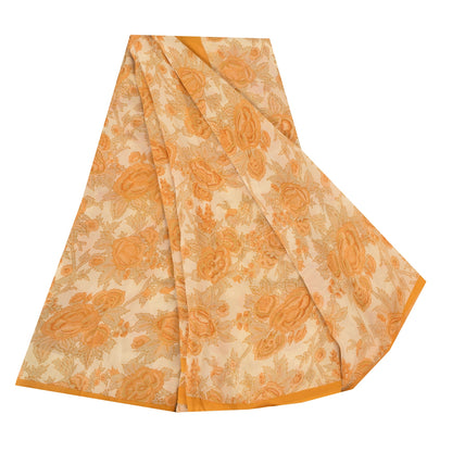 Sanskriti Vintage Sarees Orange/Cream Pure Georgette Silk Print Sari 5+yd Sustainable Fabric