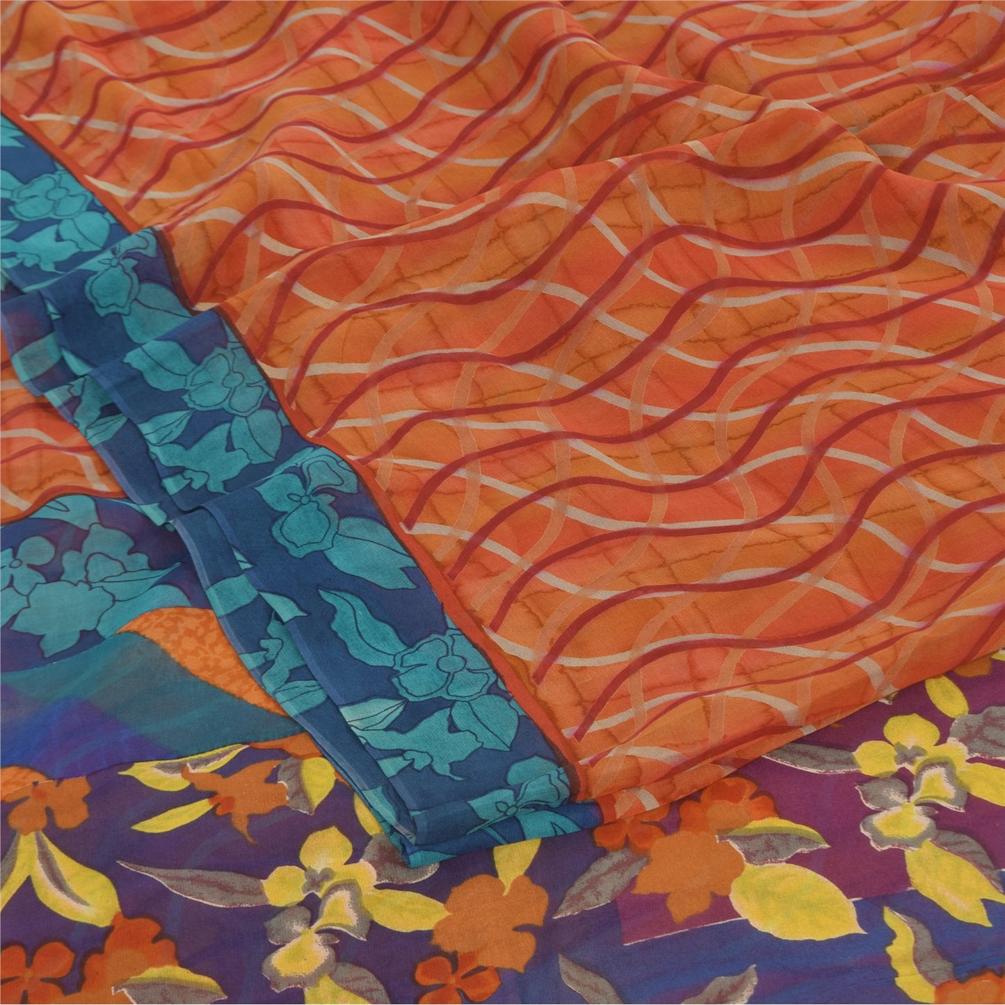 Sanskriti Vintage Sari 100% Pure Georgette Silk Orange & Blue Indian Printed 6+Yd Craft Fabric Home Decor, Women Floral Outfit, Silk Scrap
