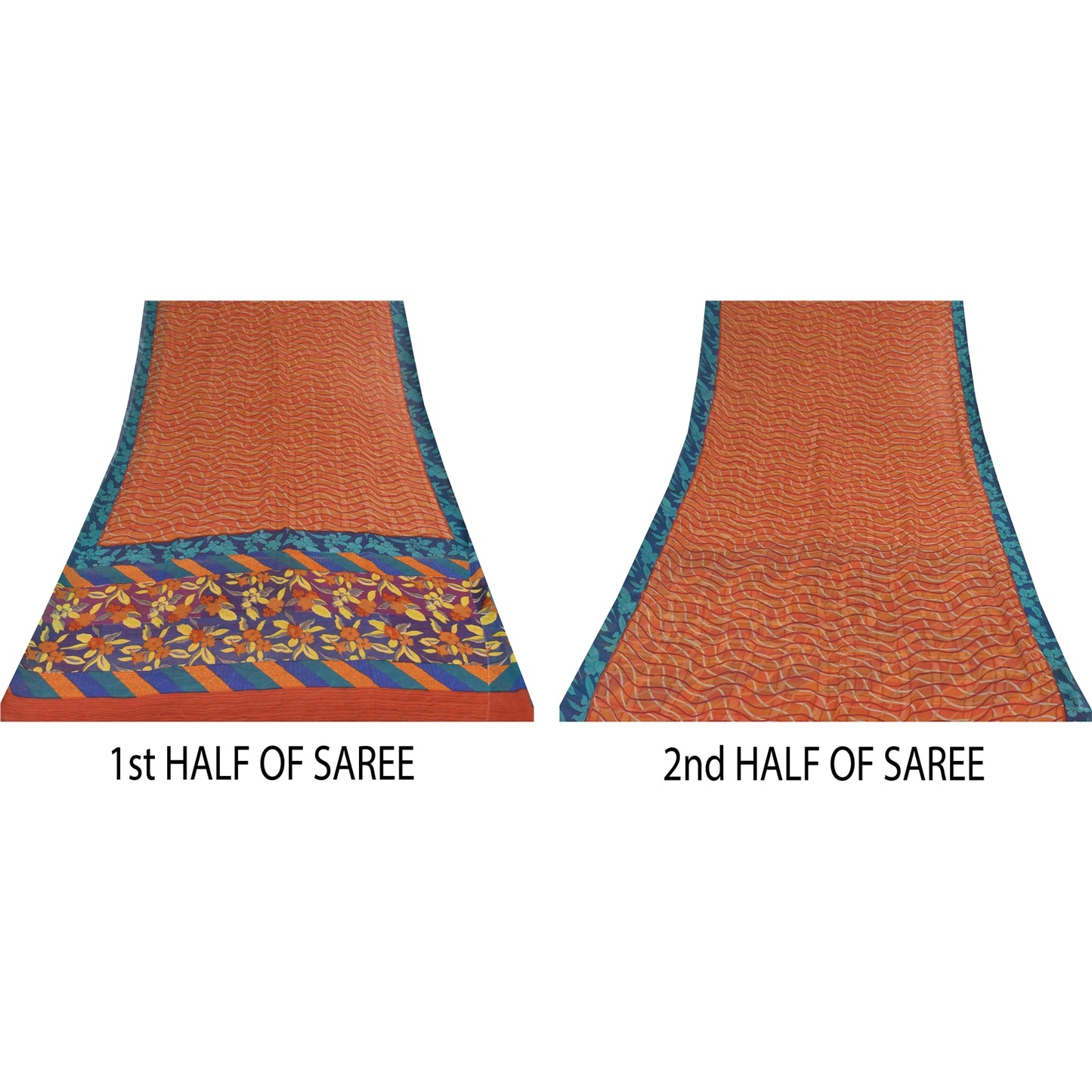 Sanskriti Vintage Sari 100% Pure Georgette Silk Orange & Blue Indian Printed 6+Yd Craft Fabric Home Decor, Women Floral Outfit, Silk Scrap