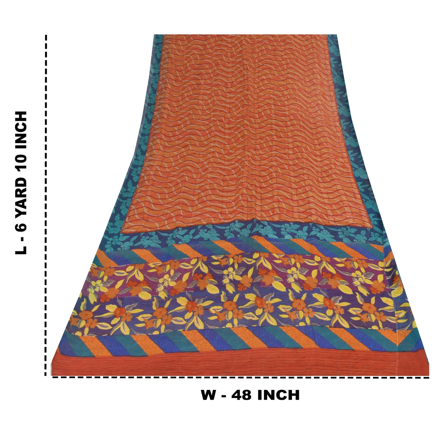 Sanskriti Vintage Sari 100% Pure Georgette Silk Orange & Blue Indian Printed 6+Yd Craft Fabric Home Decor, Women Floral Outfit, Silk Scrap