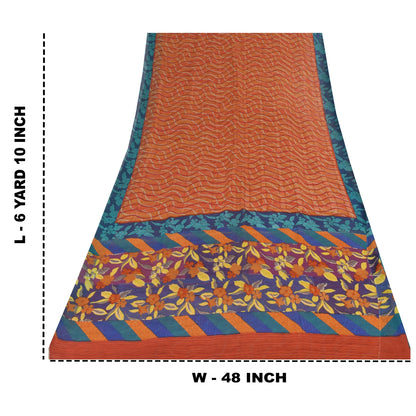 Sanskriti Vintage Sari 100% Pure Georgette Silk Orange & Blue Indian Printed 6+Yd Craft Fabric Home Decor, Women Floral Outfit, Silk Scrap