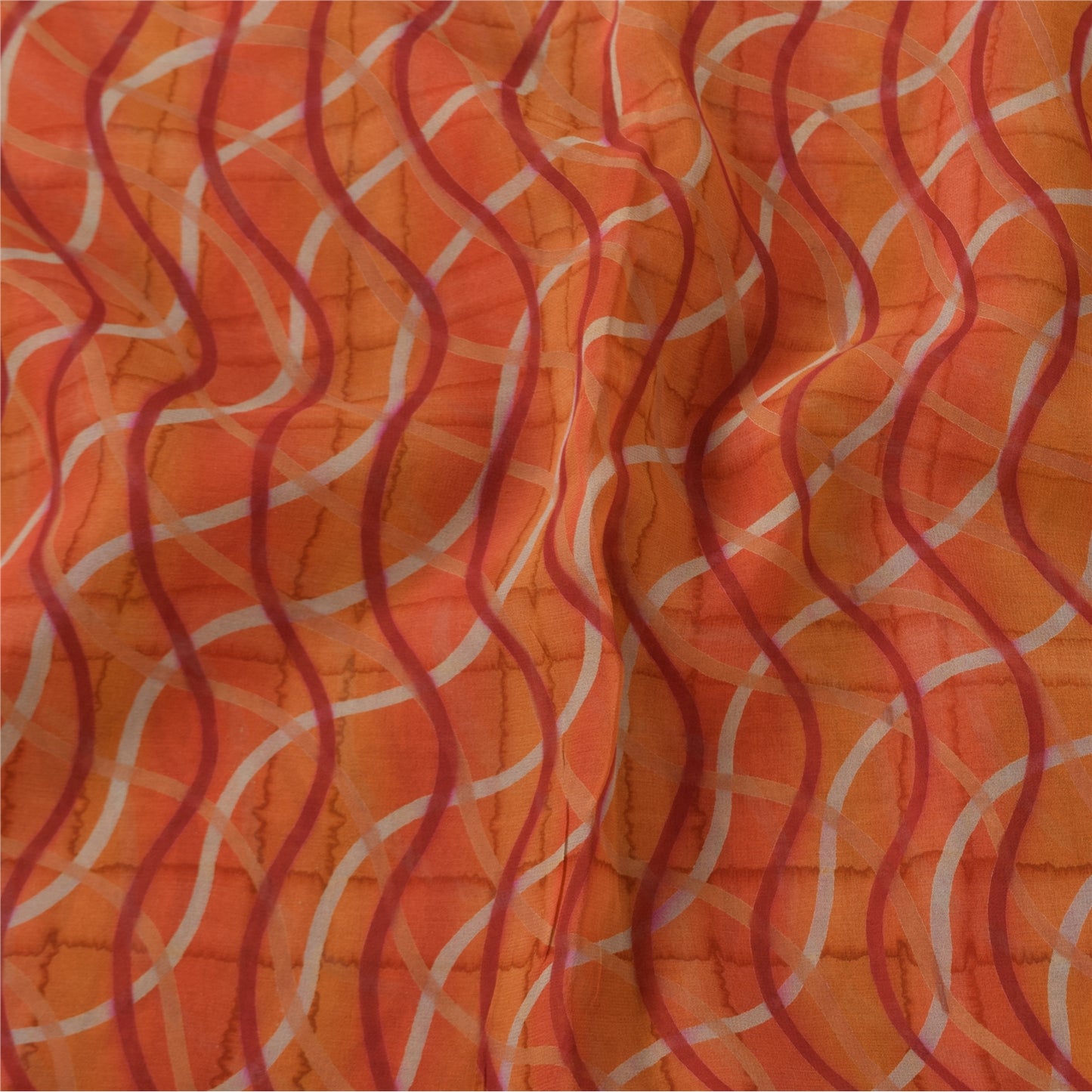 Sanskriti Vintage Sari 100% Pure Georgette Silk Orange & Blue Indian Printed 6+Yd Craft Fabric Home Decor, Women Floral Outfit, Silk Scrap