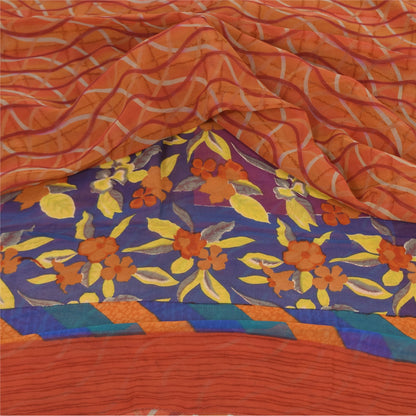 Sanskriti Vintage Sari 100% Pure Georgette Silk Orange & Blue Indian Printed 6+Yd Craft Fabric Home Decor, Women Floral Outfit, Silk Scrap