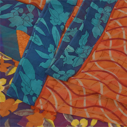Sanskriti Vintage Sari 100% Pure Georgette Silk Orange & Blue Indian Printed 6+Yd Craft Fabric Home Decor, Women Floral Outfit, Silk Scrap