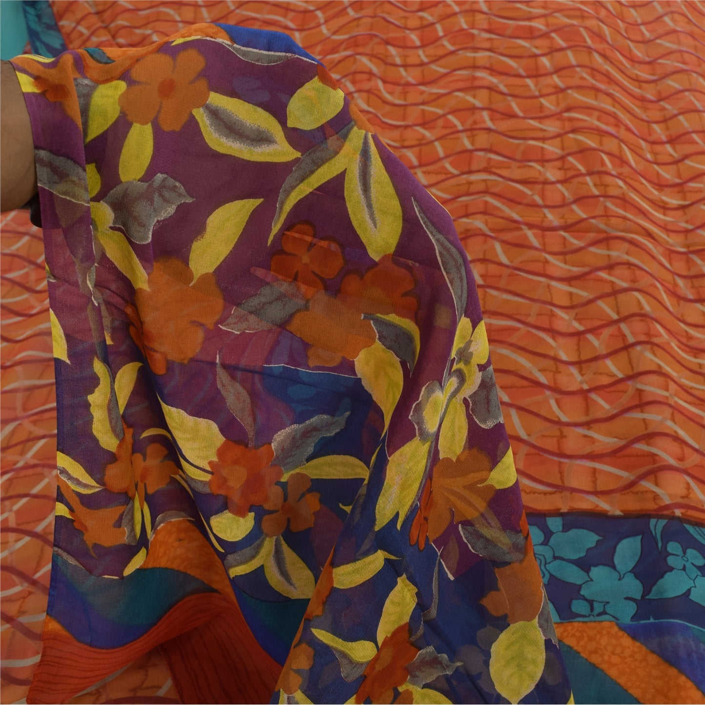 Sanskriti Vintage Sari 100% Pure Georgette Silk Orange & Blue Indian Printed 6+Yd Craft Fabric Home Decor, Women Floral Outfit, Silk Scrap