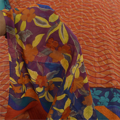 Sanskriti Vintage Sari 100% Pure Georgette Silk Orange & Blue Indian Printed 6+Yd Craft Fabric Home Decor, Women Floral Outfit, Silk Scrap