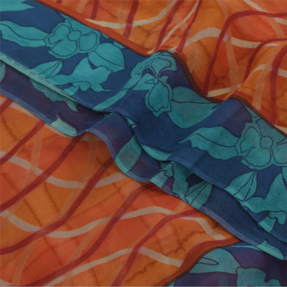 Sanskriti Vintage Sari 100% Pure Georgette Silk Orange & Blue Indian Printed 6+Yd Craft Fabric Home Decor, Women Floral Outfit, Silk Scrap