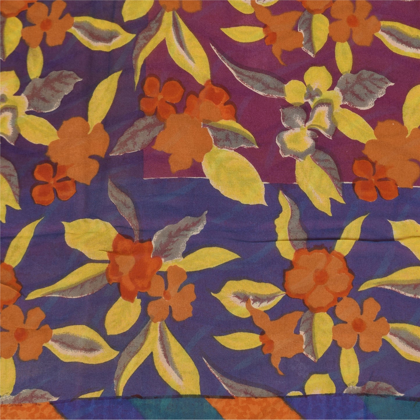 Sanskriti Vintage Sari 100% Pure Georgette Silk Orange & Blue Indian Printed 6+Yd Craft Fabric Home Decor, Women Floral Outfit, Silk Scrap