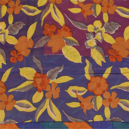 Sanskriti Vintage Sari 100% Pure Georgette Silk Orange & Blue Indian Printed 6+Yd Craft Fabric Home Decor, Women Floral Outfit, Silk Scrap