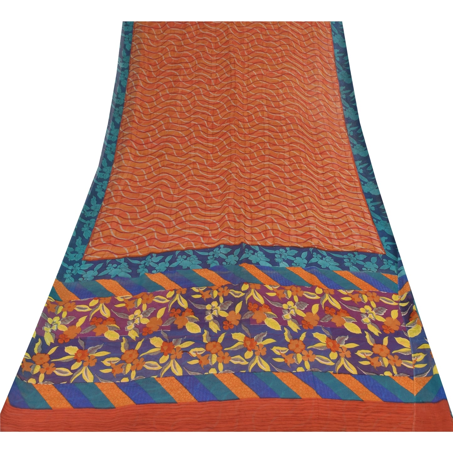 Sanskriti Vintage Sari 100% Pure Georgette Silk Orange & Blue Indian Printed 6+Yd Craft Fabric Home Decor, Women Floral Outfit, Silk Scrap