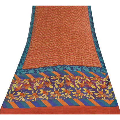 Sanskriti Vintage Sari 100% Pure Georgette Silk Orange & Blue Indian Printed 6+Yd Craft Fabric Home Decor, Women Floral Outfit, Silk Scrap