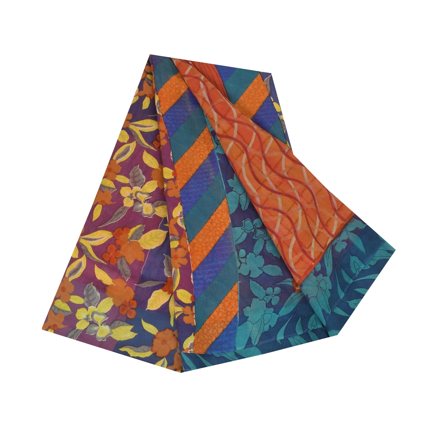 Sanskriti Vintage Sari 100% Pure Georgette Silk Orange & Blue Indian Printed 6+Yd Craft Fabric Home Decor, Women Floral Outfit, Silk Scrap