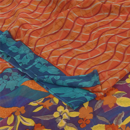 Sanskriti Vintage Sari 100% Pure Georgette Silk Orange & Blue Indian Printed 6+Yd Craft Fabric Home Decor, Women Floral Outfit, Silk Scrap