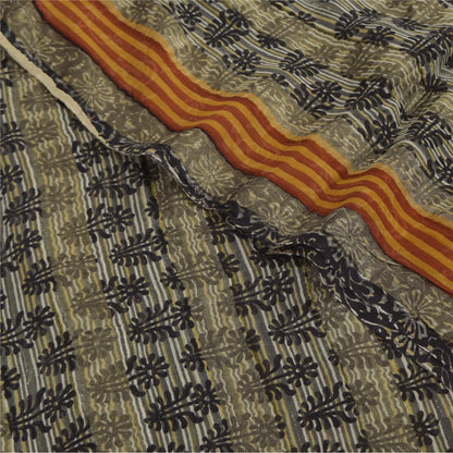Sanskriti Vintage Sarees Gray/Black Pure Georgette Print Sari 5+yd Craft Sustainable Fabric