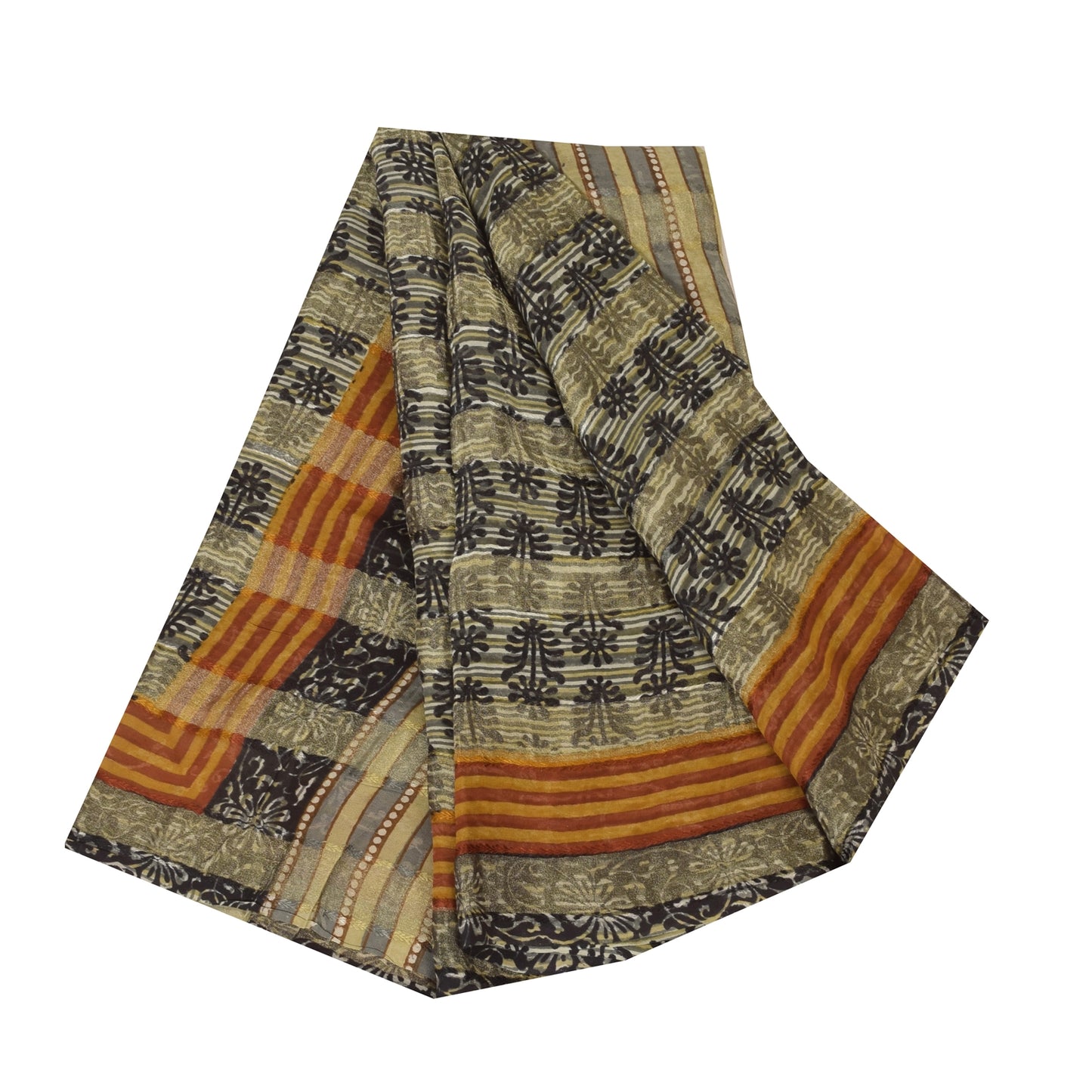 Sanskriti Vintage Sarees Gray/Black Pure Georgette Print Sari 5+yd Craft Sustainable Fabric