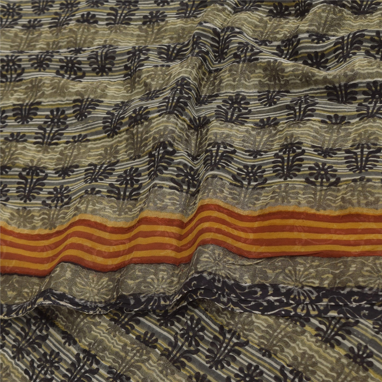 Sanskriti Vintage Sarees Gray/Black Pure Georgette Print Sari 5+yd Craft Sustainable Fabric