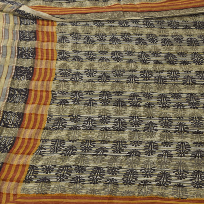 Sanskriti Vintage Sarees Gray/Black Pure Georgette Print Sari 5+yd Craft Sustainable Fabric