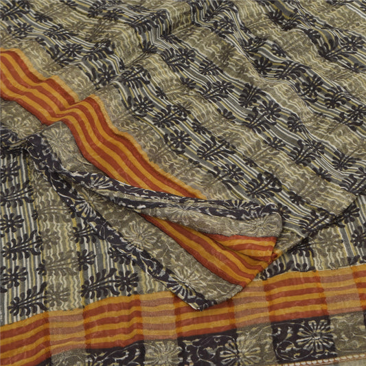 Sanskriti Vintage Sarees Gray/Black Pure Georgette Print Sari 5+yd Craft Sustainable Fabric