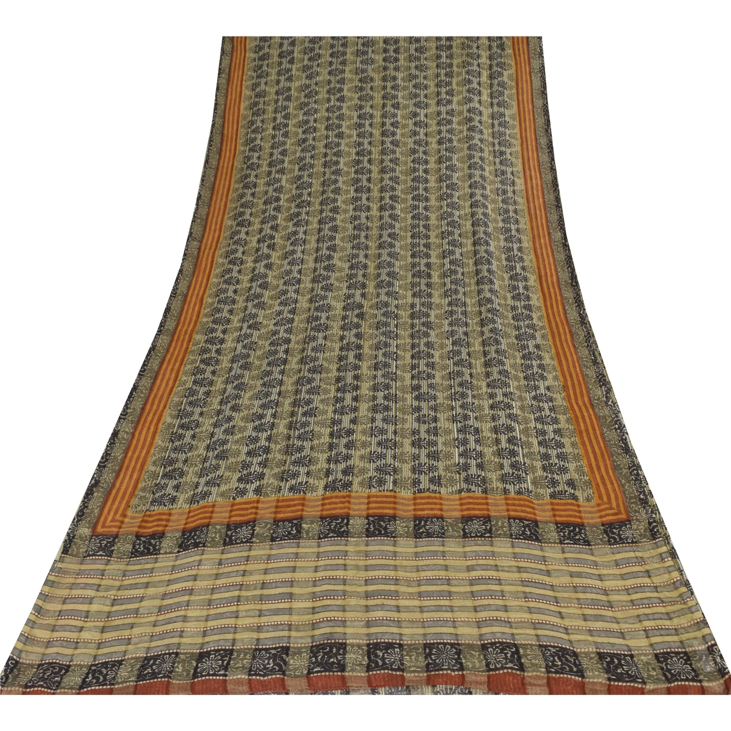 Sanskriti Vintage Sarees Gray/Black Pure Georgette Print Sari 5+yd Craft Sustainable Fabric