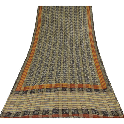 Sanskriti Vintage Sarees Gray/Black Pure Georgette Print Sari 5+yd Craft Sustainable Fabric