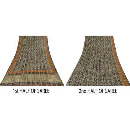 Sanskriti Vintage Sarees Gray/Black Pure Georgette Print Sari 5+yd Craft Sustainable Fabric