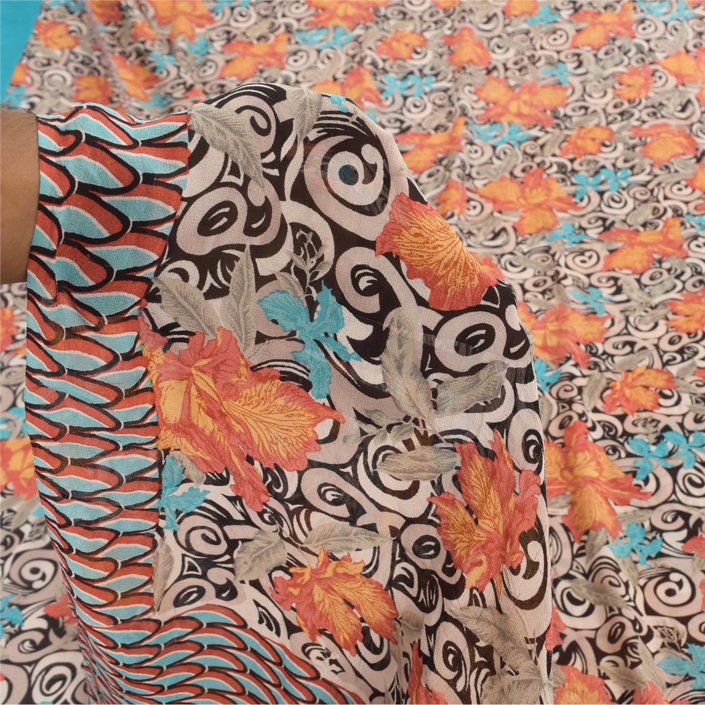 Sanskriti Vintage Sarees Black Pure Georgette Silk Print Sari 5+yd Craft Sustainable Fabric