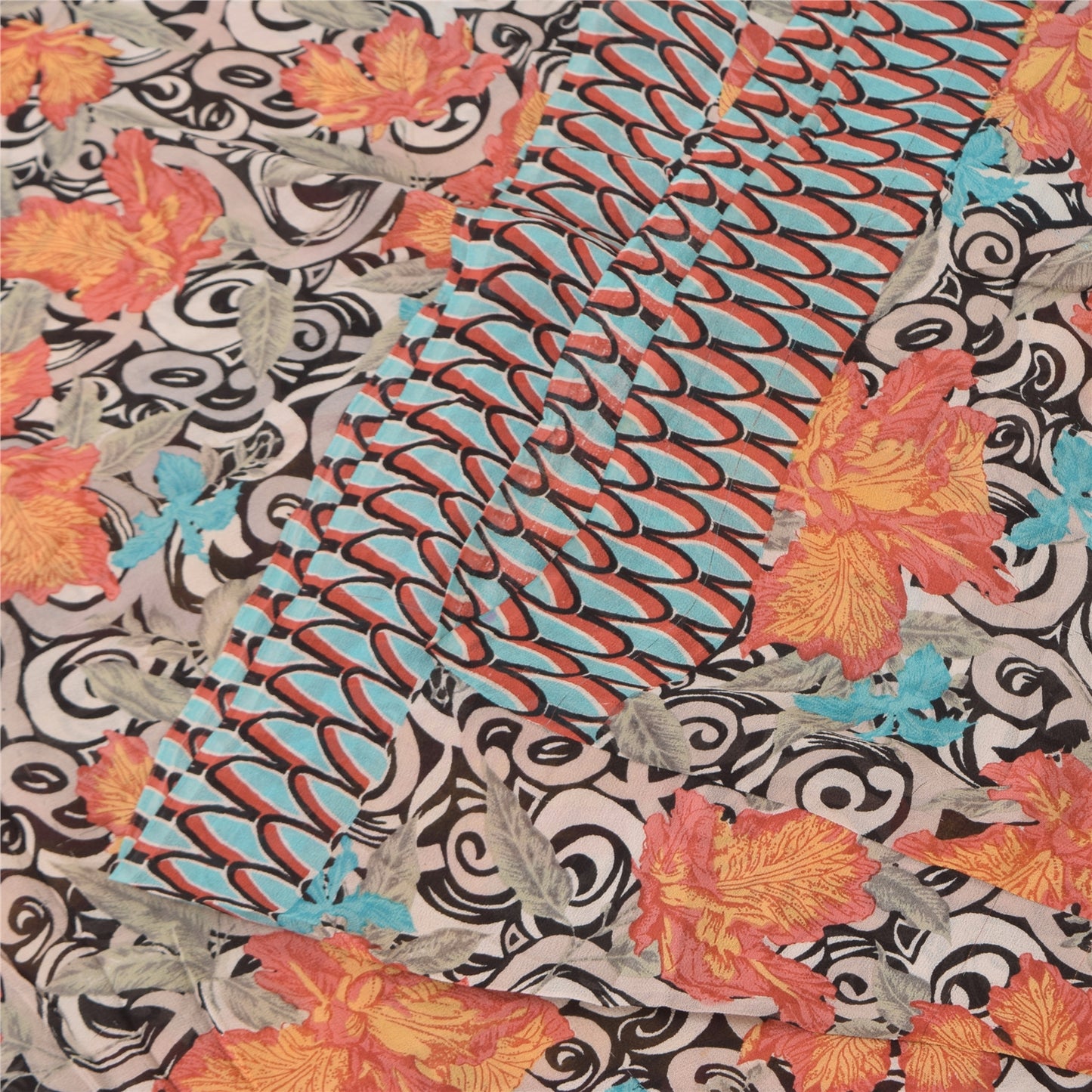 Sanskriti Vintage Sarees Black Pure Georgette Silk Print Sari 5+yd Craft Sustainable Fabric