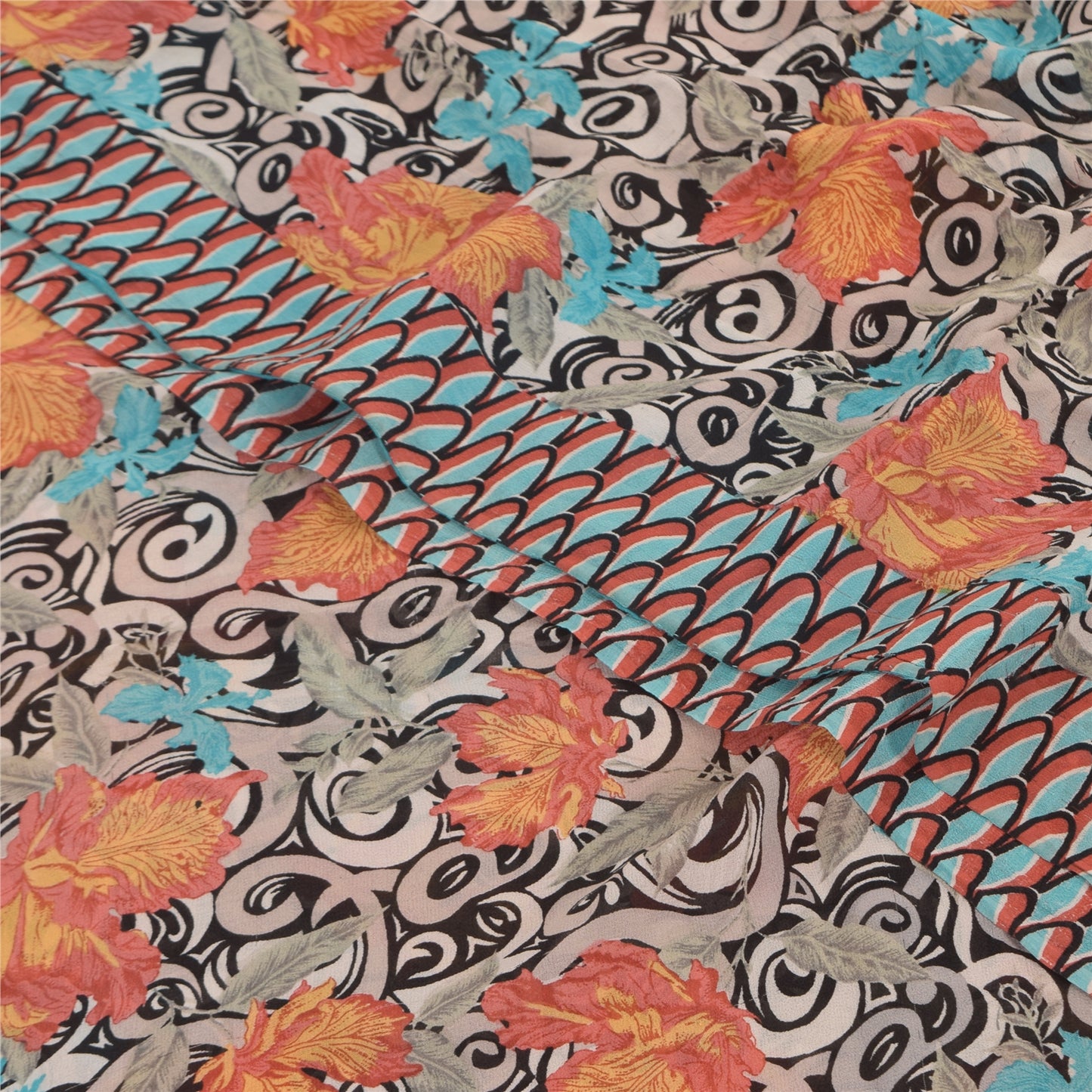 Sanskriti Vintage Sarees Black Pure Georgette Silk Print Sari 5+yd Craft Sustainable Fabric