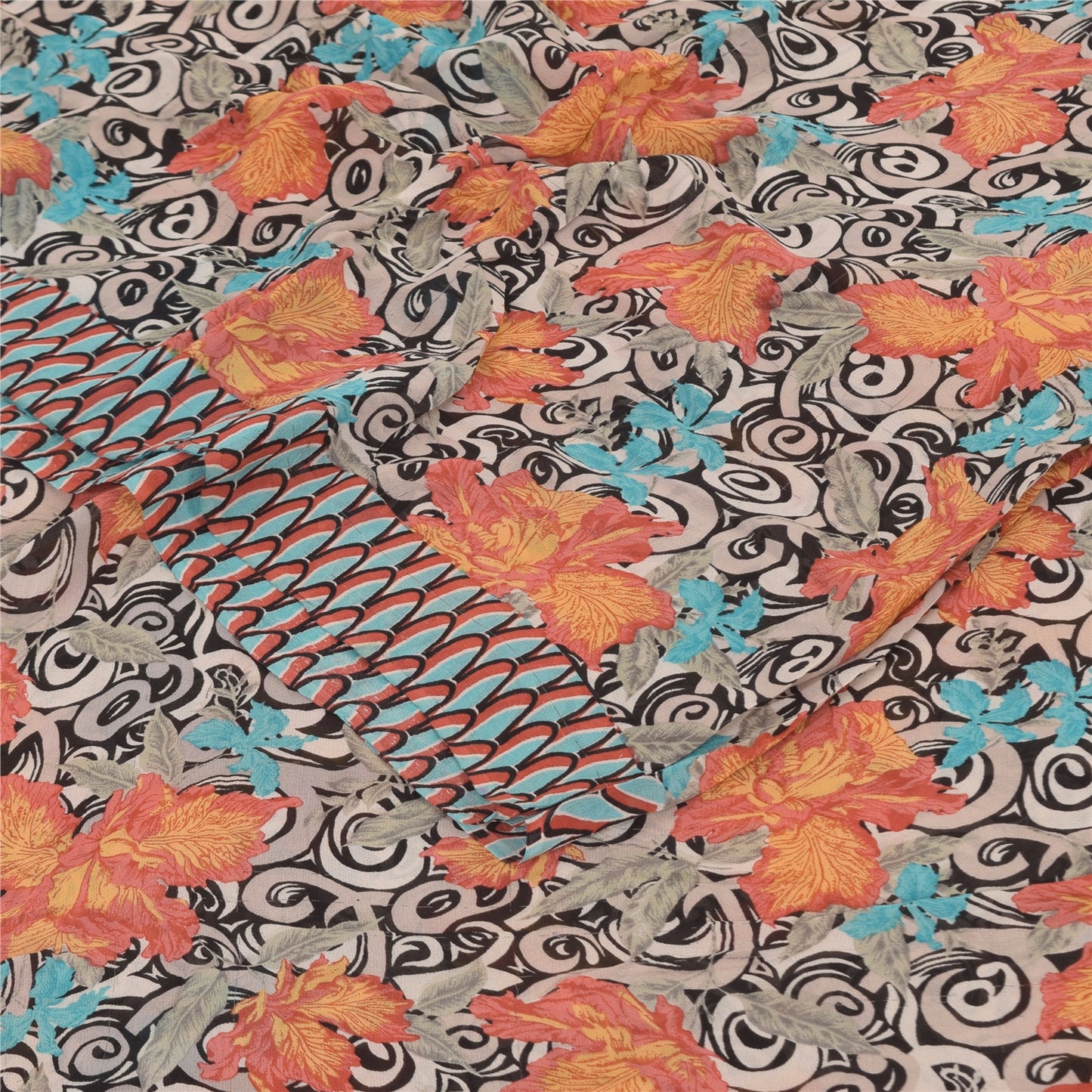 Sanskriti Vintage Sarees Black Pure Georgette Silk Print Sari 5+yd Craft Sustainable Fabric