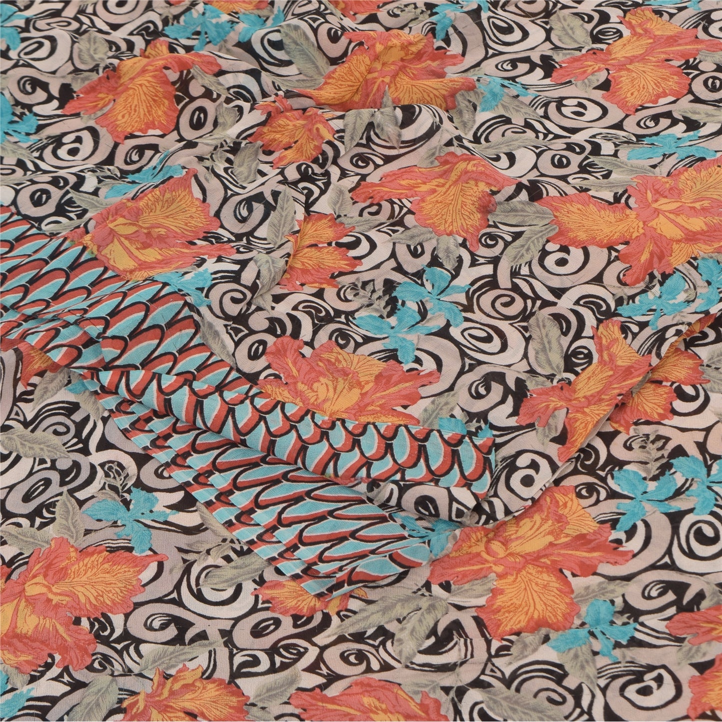 Sanskriti Vintage Sarees Black Pure Georgette Silk Print Sari 5+yd Craft Sustainable Fabric