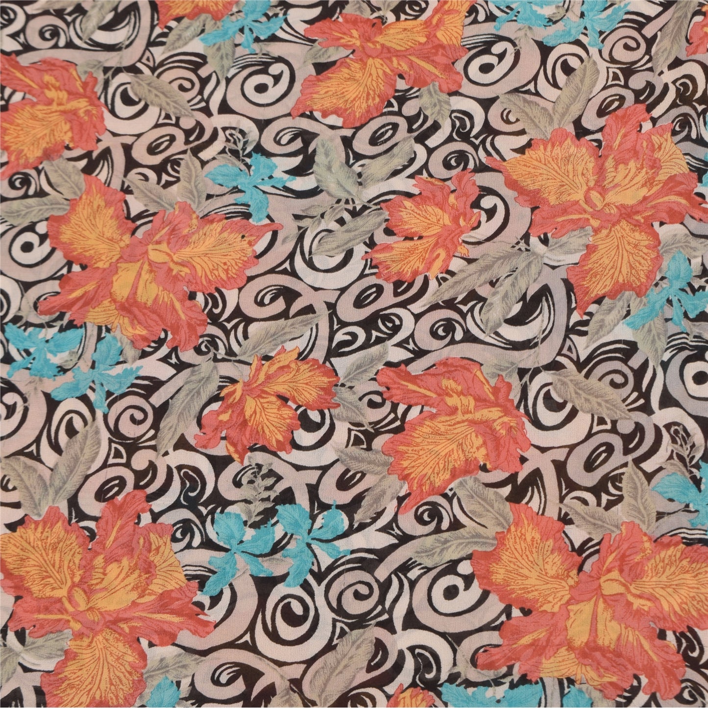 Sanskriti Vintage Sarees Black Pure Georgette Silk Print Sari 5+yd Craft Sustainable Fabric