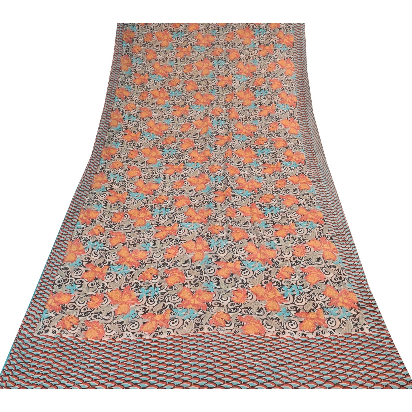 Sanskriti Vintage Sarees Black Pure Georgette Silk Print Sari 5+yd Craft Sustainable Fabric