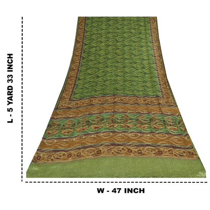 Sanskriti Vintage Sarees Green Pure Georgette Silk Print Sari 5+yd Craft Sustainable Fabric