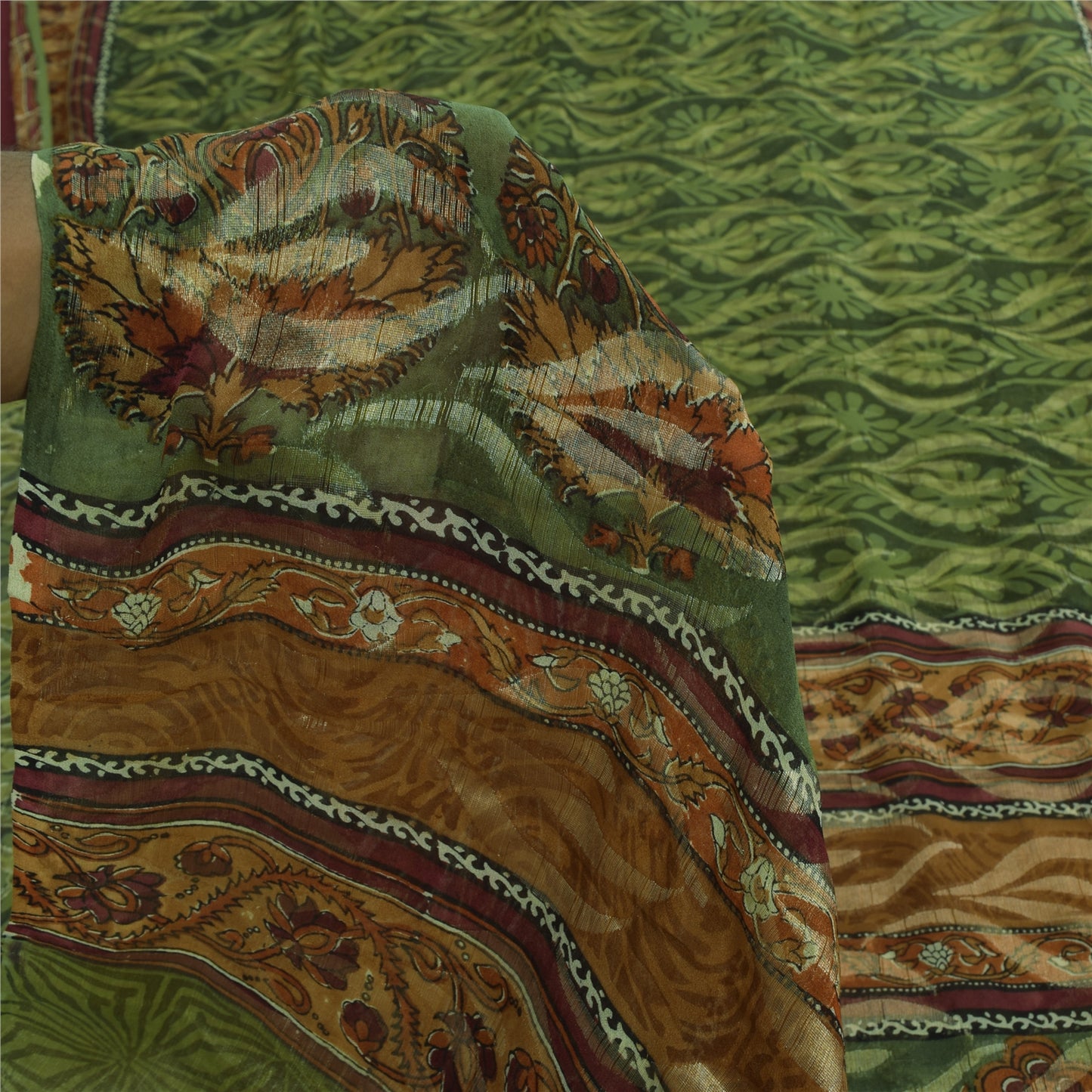 Sanskriti Vintage Sarees Green Pure Georgette Silk Print Sari 5+yd Craft Sustainable Fabric