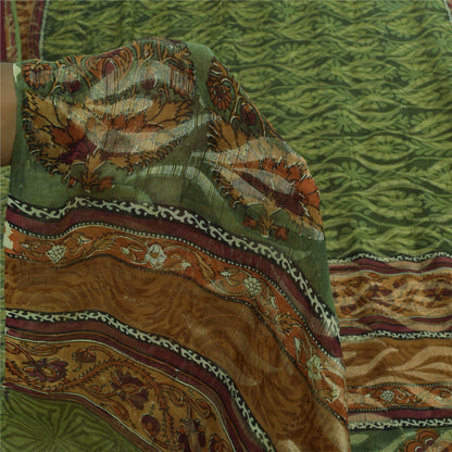 Sanskriti Vintage Sarees Green Pure Georgette Silk Print Sari 5+yd Craft Sustainable Fabric