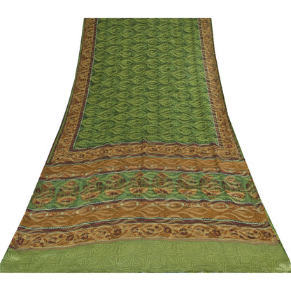 Sanskriti Vintage Sarees Green Pure Georgette Silk Print Sari 5+yd Craft Sustainable Fabric